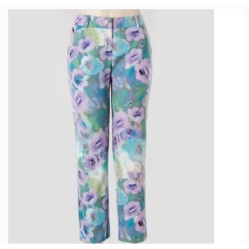 Larry Levine Women Floral Stretch Pants Flat Front Size 8 slim ankle pastel.